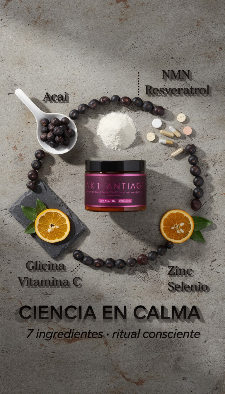 AK1 ANTIAGE Bebida en Polvo de nutrición celular inteligente con 8 activos sinérgicos: Açai liofilizado, Resveratrol, NMN, Glicina, Vitamina C, Zinc Glicinato, Selenio Glicinato y Fruto del Monje
