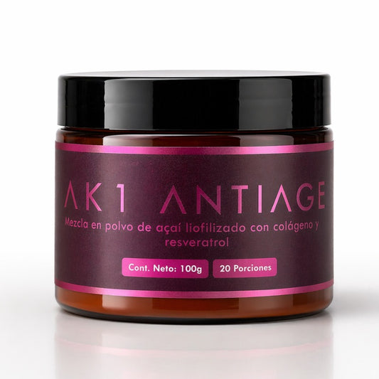 AK1 ANTIAGE Bebida en Polvo de nutrición celular inteligente con 8 activos sinérgicos: Açai liofilizado, Resveratrol, NMN, Glicina, Vitamina C, Zinc Glicinato, Selenio Glicinato y Fruto del Monje