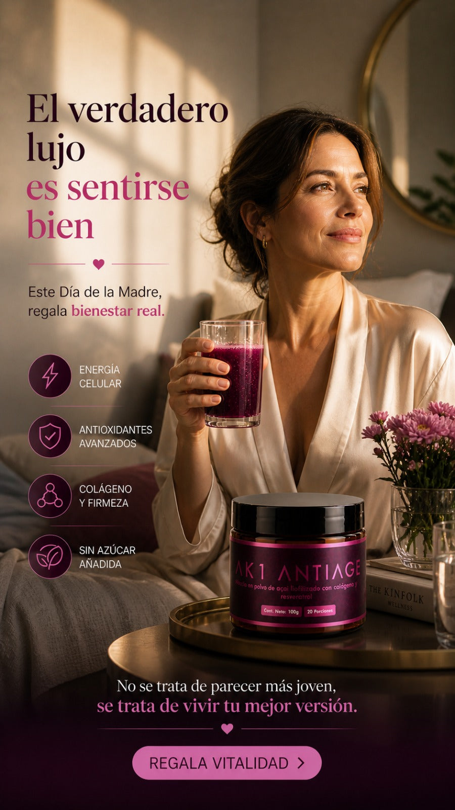 AK1 ANTIAGE Bebida en Polvo de nutrición celular inteligente con 8 activos sinérgicos: Açai liofilizado, Resveratrol, NMN, Glicina, Vitamina C, Zinc Glicinato, Selenio Glicinato y Fruto del Monje
